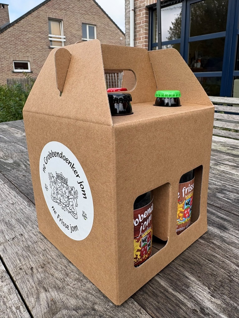 Proefpakket van 4 biertjes: grobbendoenker jom 7,1%, Ne frisse jom 6,1%, winterbier 2026 11,1%, ne nihil jom 0,4%